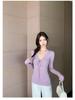 Spicy Girl V-neck Bow T-shirt: Women's Slim-Fit Long Sleeve Top for Early Spring