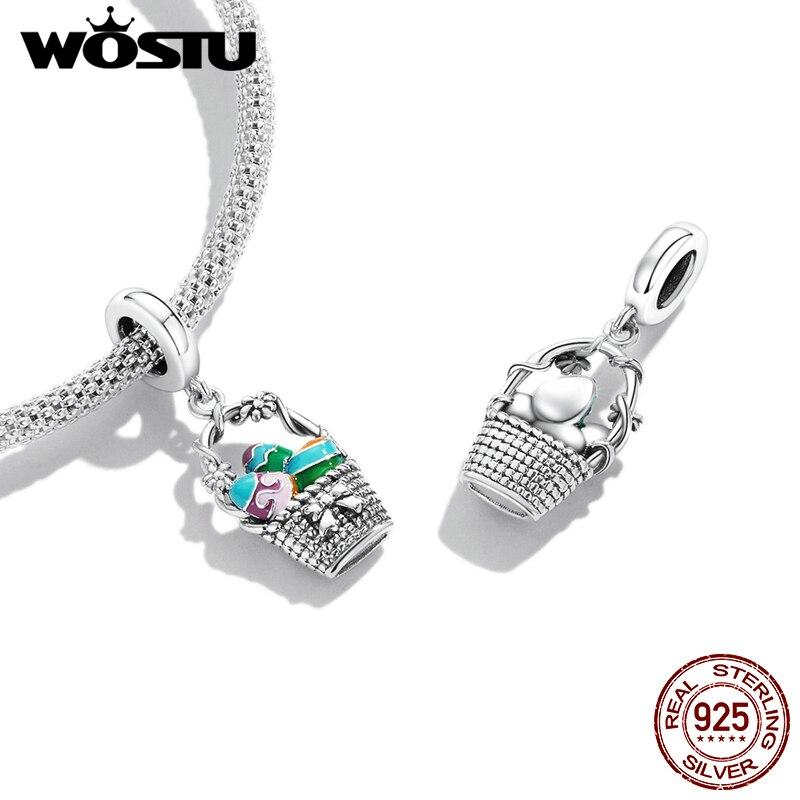 

WOSTU Стерлингового Серебра 925 Пасхальное Яйцо Корзина Цветы Очаровательная Подвеска Из Бисера Подходит Оригинальный Браслет Ожерелье Для Женщин Ювелирные Изделия 925 silver