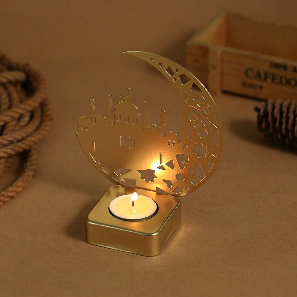 Moon Temple Ramadan Candlestick Eid Al-Fitr Luxury Style Metal Incense Burner Gold Iron Candle Support Ramadan Decoration
