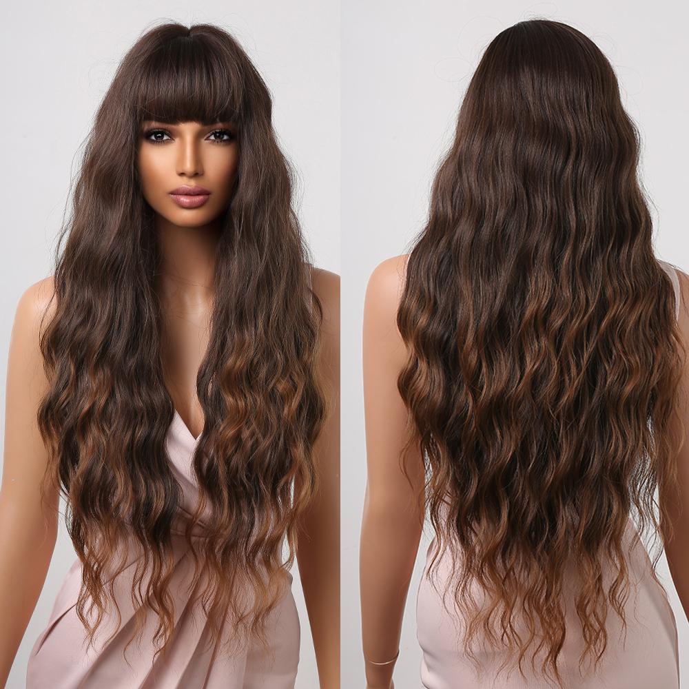 Long Curly Wigs Brown Loose Wavy Synthetic Wig With Bangs Chocolate Brown for Women Afro Wig Daily Party Use Heat Resistant Wigs