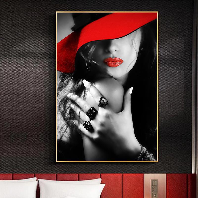 Red Lips Sexy Woman Canvas Painting Fashion Girl Babes Wall Art Pictures Modern Home Livingroom Wall Decoration Frameless