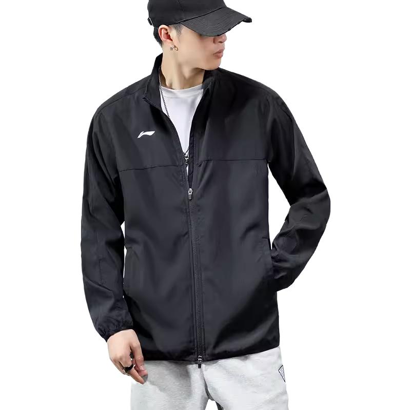 Li Ning Solid Color Stand Collar Zipper Brand Logo Embroidered Loose Long Sleeve Jacket Men jackets Black AJDR475-3
