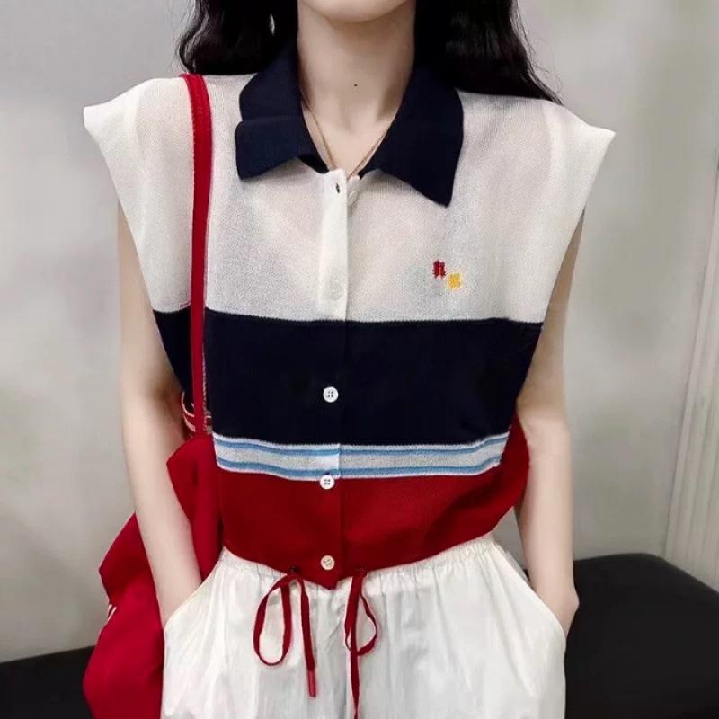 

Korean-Style Sleeveless Ice Silk Knit Cardigan with Drawstring Hem and Color Block Lapel One Size