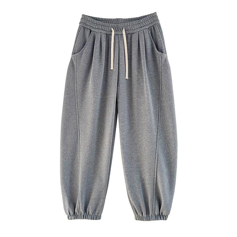 Gray corset sweatpants women's autumn and winter fleece thickened wide-leg pants new high-waisted loose bloomers sweatpants