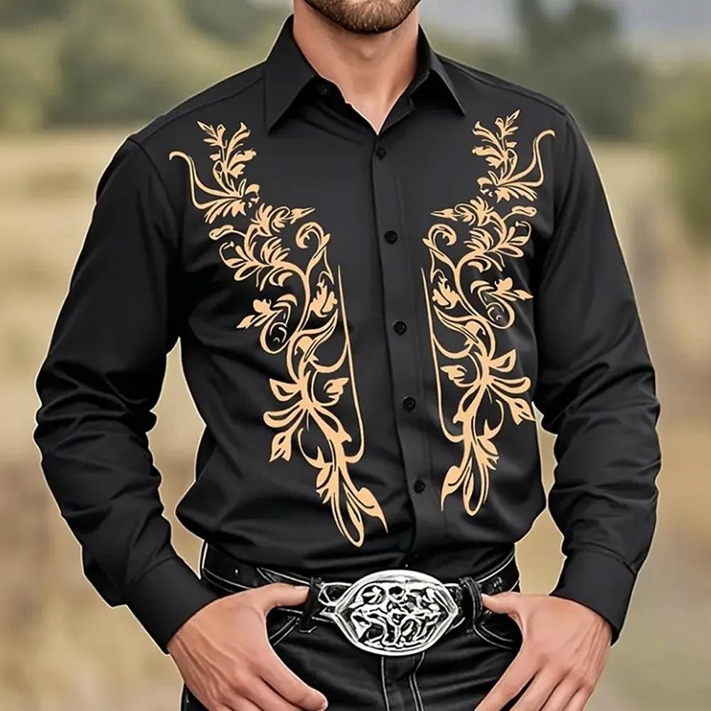 Western Embroidered Long Sleeve Shirt, Stylish Men's Casual Shirt