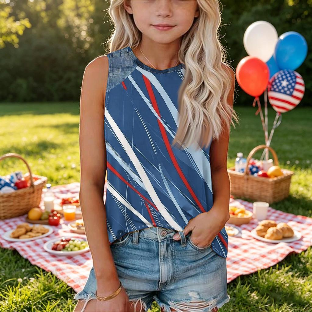 Girls Sleeveless Loose Fit Tank Top Independence Day Cupcake Print Denim Patch Round Neck T Shirt Summer Casual Tee