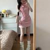 ZY pink plaid bow neck dress Spice girl irregular short skirt waist hip skirt