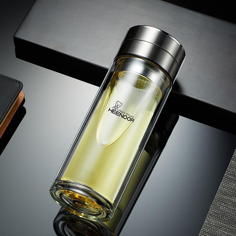 HEENOOR Double-Layer Glass Cup with Tea Infuser for Men, High-Quality Tea Brewing Cup, Car Water Bottle XN-9338 Natural Color 290mL