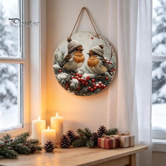 Wooden Hanging Sign for Wall Winter Bird Sign, Rustic Decorative Plaque with Animal Decor Rope, 2D Flat Art Christmas Holiday Home Door