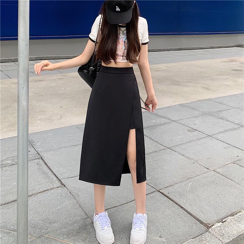 

Women s Versatile High-Waist Black Slit Midi Skirt - Slimming Anti-Exposure Bodycon Design M чёрный