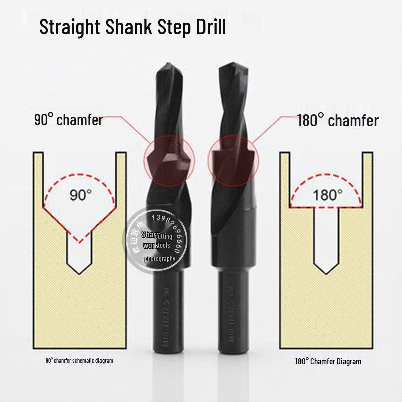 High-Speed Steel Step Drill Bit, Straight Shank, 90°-180° Countersink, White Steel Spiral Design.