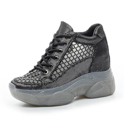 Moda 8CM Malha de Ar Microfibra Sintética Tênis Chunky Verão Sapatos Femininos Plataforma Salto Anabela Salto Escondido Sandálias Sapatos de Couro Rasteirinhas
