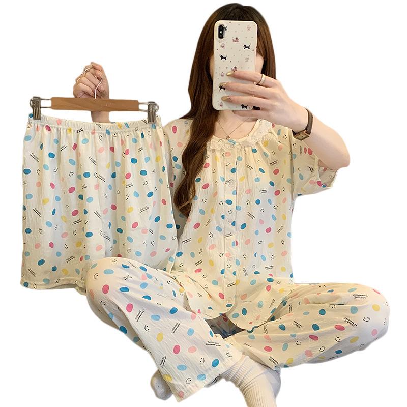 Lace Short-Sleeved Pajamas Women'S Summer Cute Simple Cartoon Cloud Cotton Loungewear Three-Piece Set