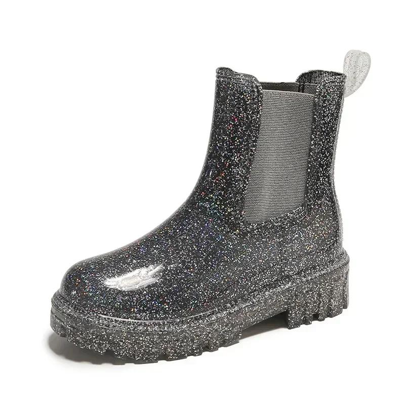 Fashion New Women's Shiny Color Fashion Rain Boots Four Seasons Wearable Water Shoes Ladies Outdoor Waterproof Mid-tube Ankle Boots