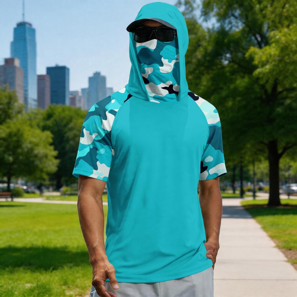 T-shirt estiva da uomo a maniche corte con gradiente mimetico ad asciugatura rapida, abbigliamento da sole, pesca, fitness, sport, maglietta con cappuccio a maniche corte