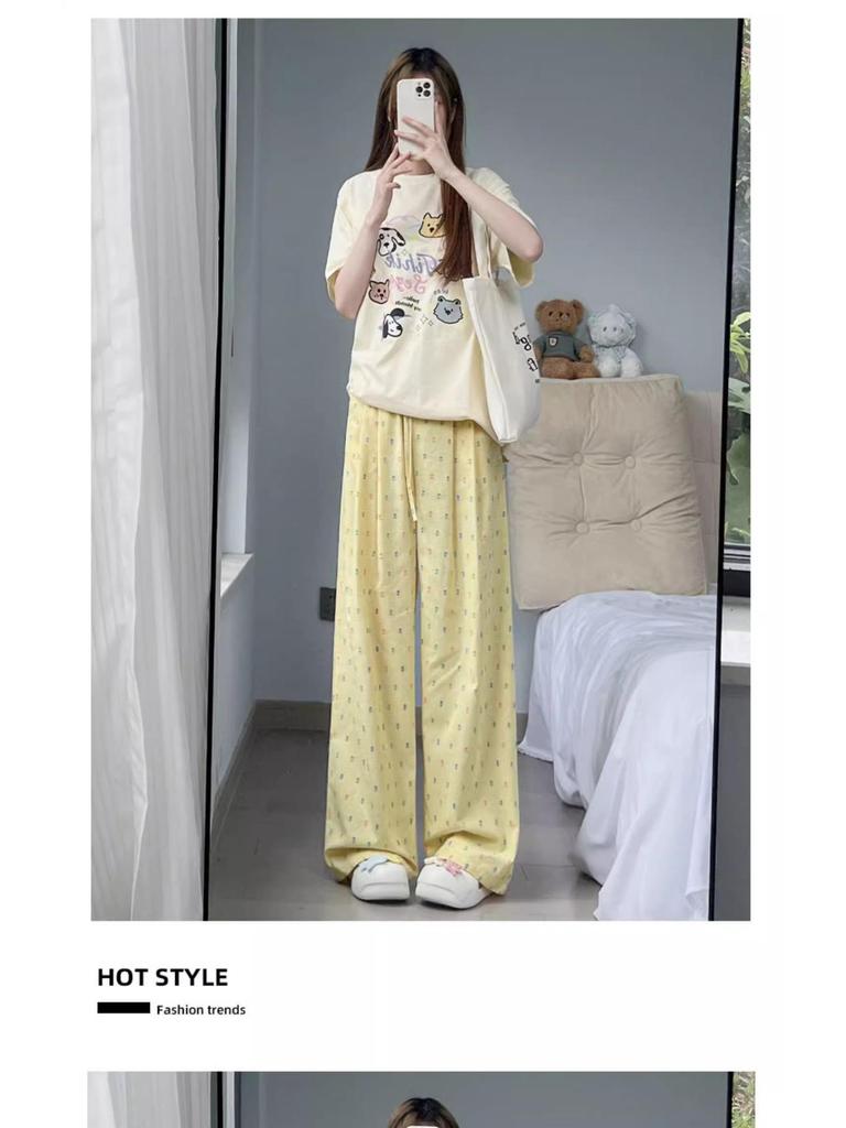 Women's 2024 Summer Yellow Polka Dot Wide-Leg Ice Silk Pants