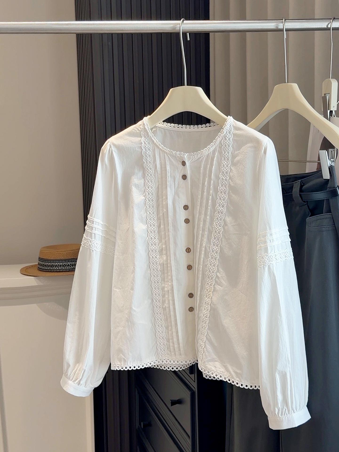 Women s Retro White Lace Trim Blouse - Long Sleeve, Loose Fit for Spring & Autumn 2026 One Size белый