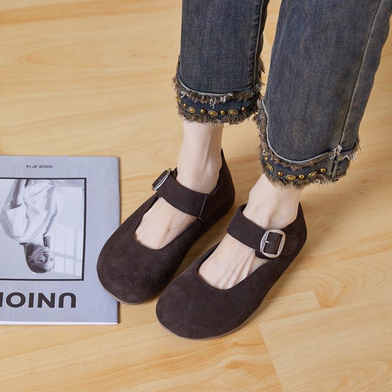 Mary Jane Retro All-inclusive Toast Women's Genuine Leather Spring Soft-soled Shallow Mouth One-word with Puff Shoes