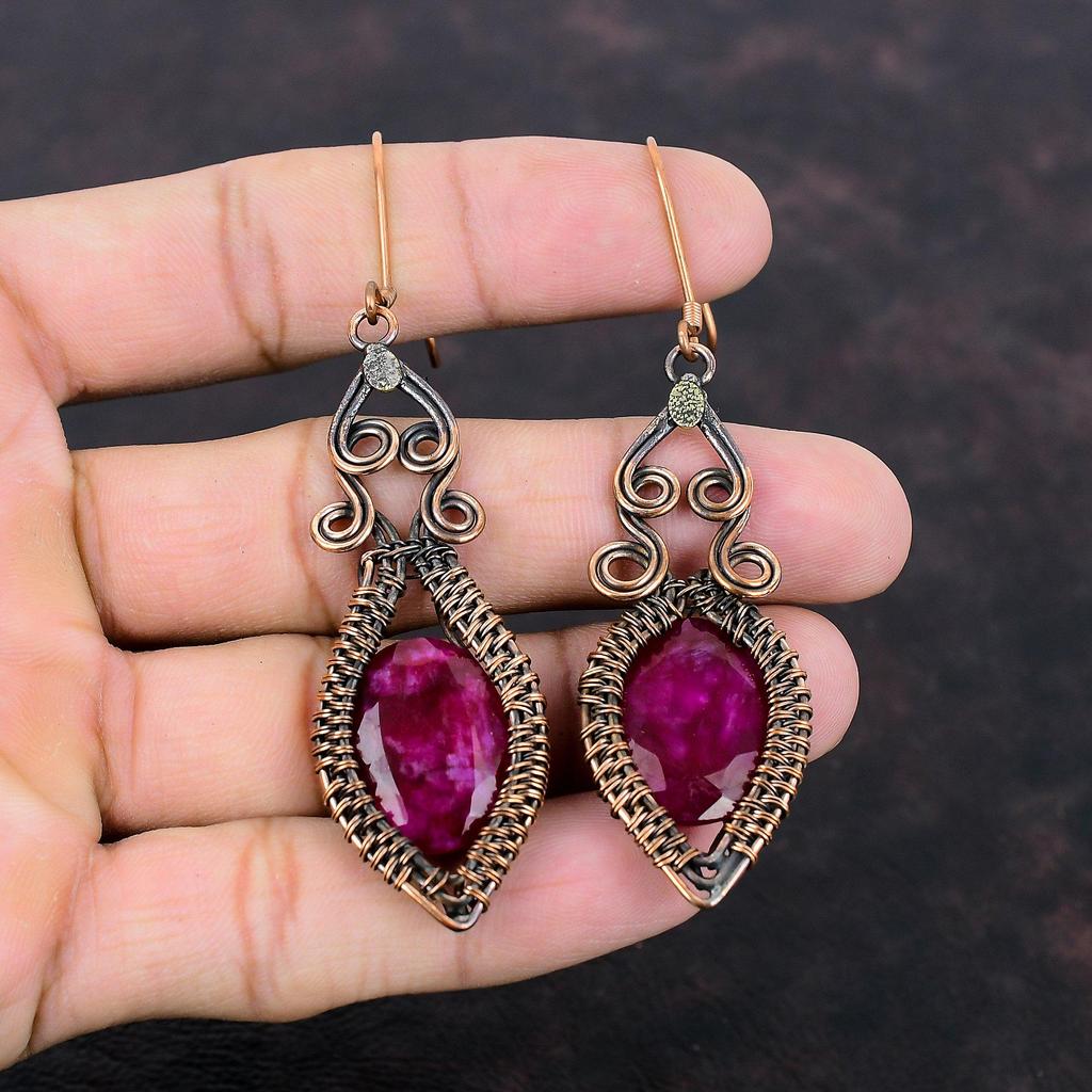 Faceted Kashmir Ruby Earring Copper Wire Wrapped Jewelry Natural Gemstone Earrings Copper Earring Handmade Jewelry Wire Wrap Earring For Mom