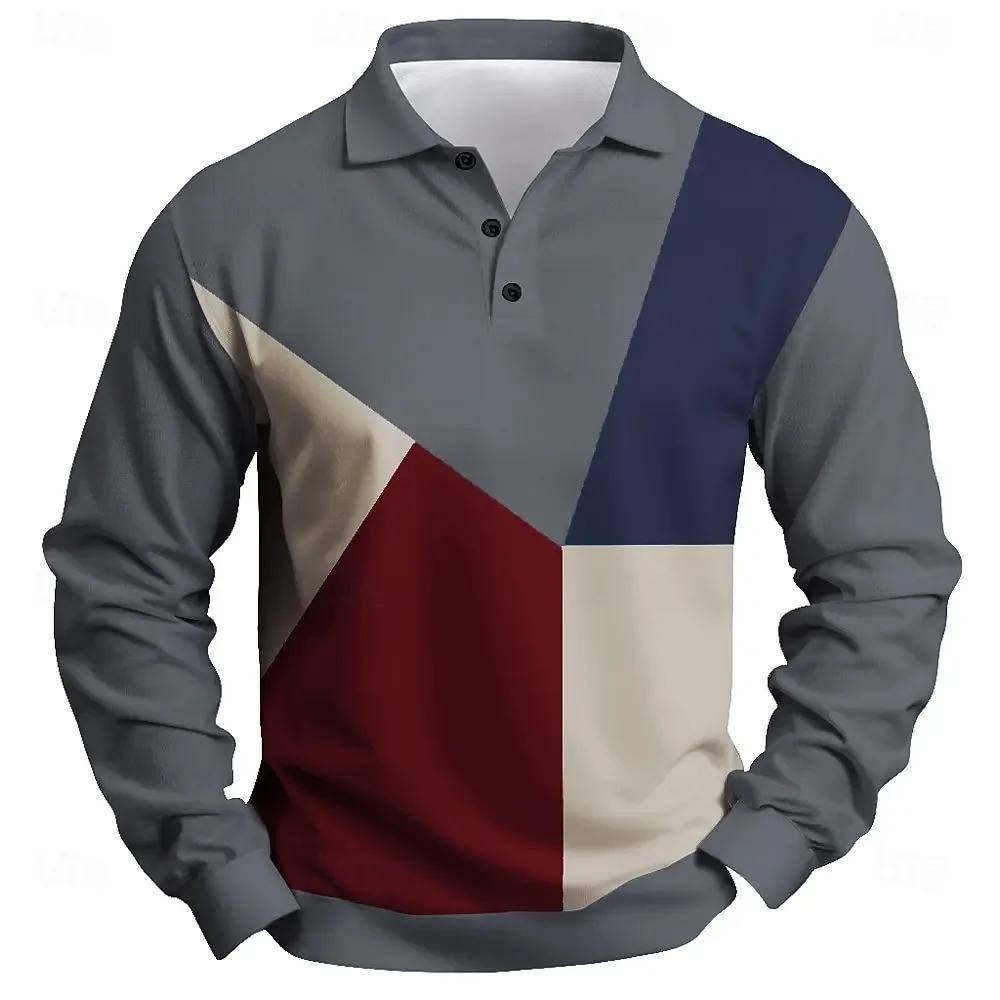 T-shirt with Printed 2025 Fashion Men's Color Blocked Long Sleeved CollarBreathable Casual Top Slim Fit and Quick Drying