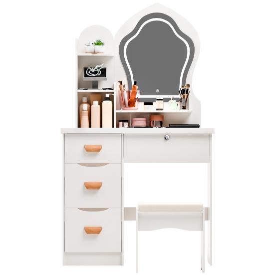 Makeup Vanity Desk with LED Lighted Crown-shaped Mirror, Vanity Table with 4 Drawers and Opening Shelves, Bedroom Dressing Table with