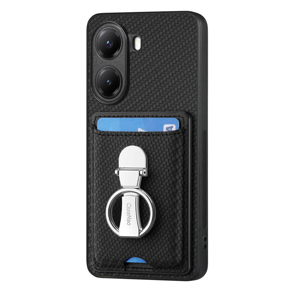 For Xiaomi Poco X7 Pro 5G/Xiaomi Redmi Turbo 4 5G Bakdeksel i skinn med støtte og kortlommer Karbonfibermønster