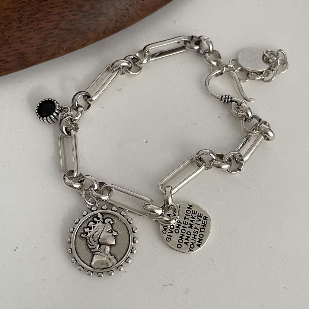 100% Solid 925 Silver Metal Bracelet for Women Vintage Handmade Simple Retro Heart Chain Bracelet Birthday Gift Party