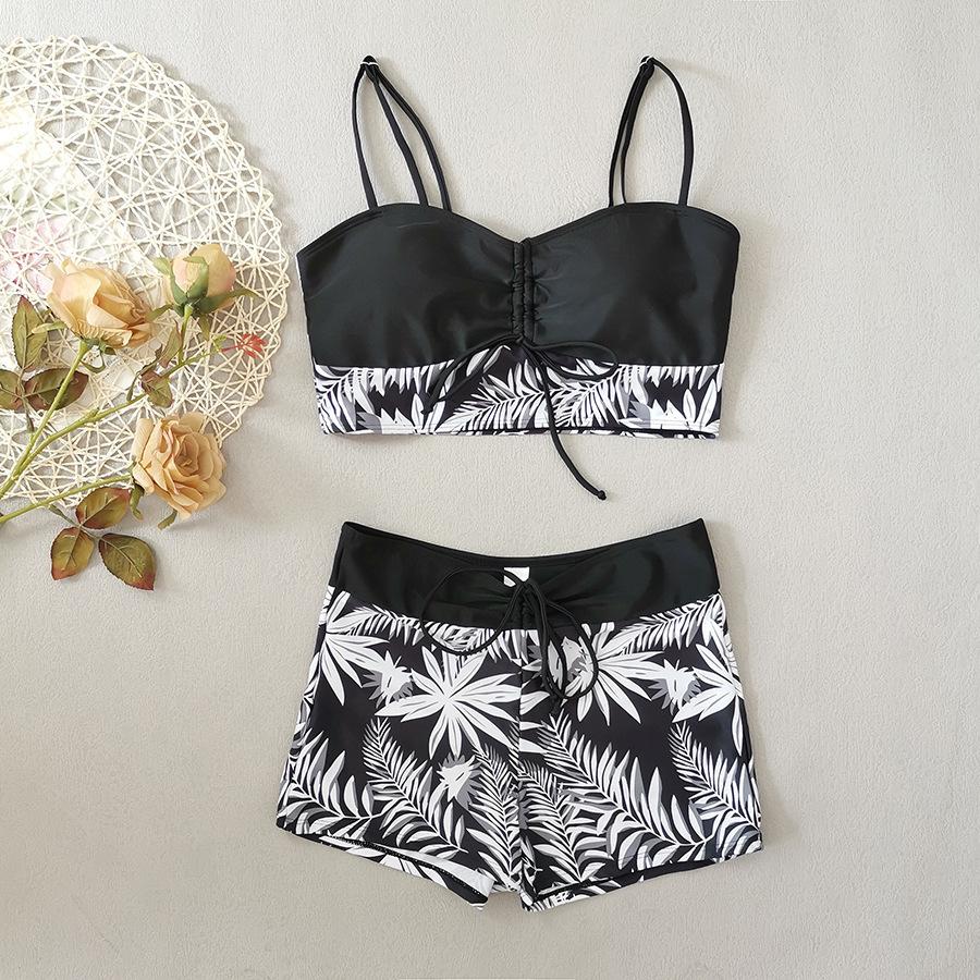 High waist flat angle strap print solid color splicing print large size swimsuit