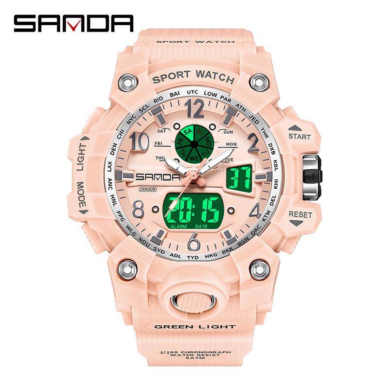 SANDA Women's Trendy LED Dual Display Waterproof Watch with Hourly Chime