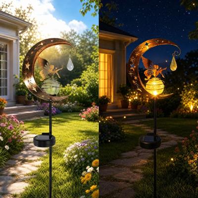 Kolibri Mond Solarleuchte, Metall Sichelmond mit Craquelé Glaskugel Gartenstab, Solare Wegebeleuchtung für Hof Terrasse Rasen Außen Dekoration