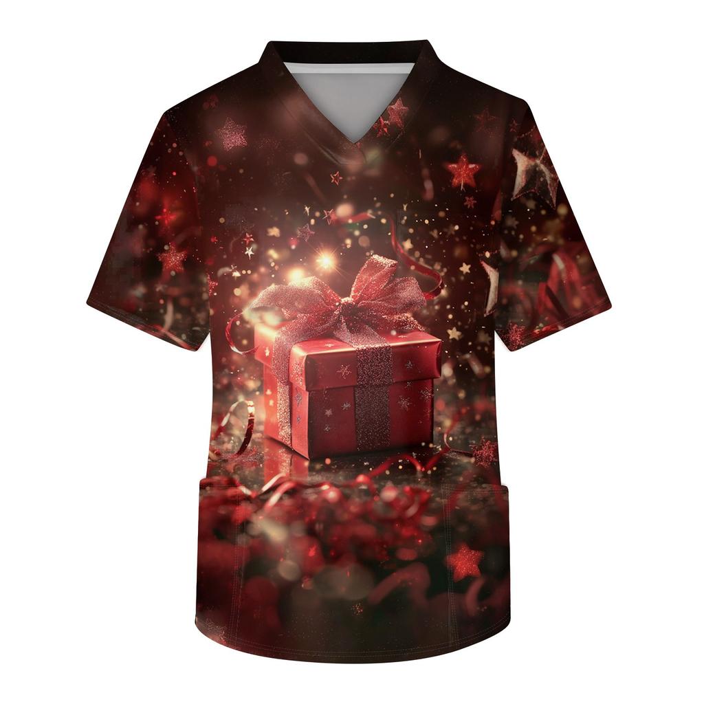 Men's Short Sleeve V-Neck Christmas Print Chest Pocket Care Top