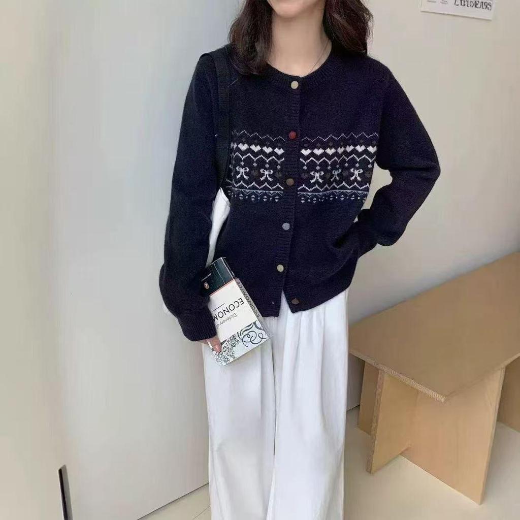Korean Style Bow Heart Jacquard Knit Cardigan for Women - Spring/Autumn