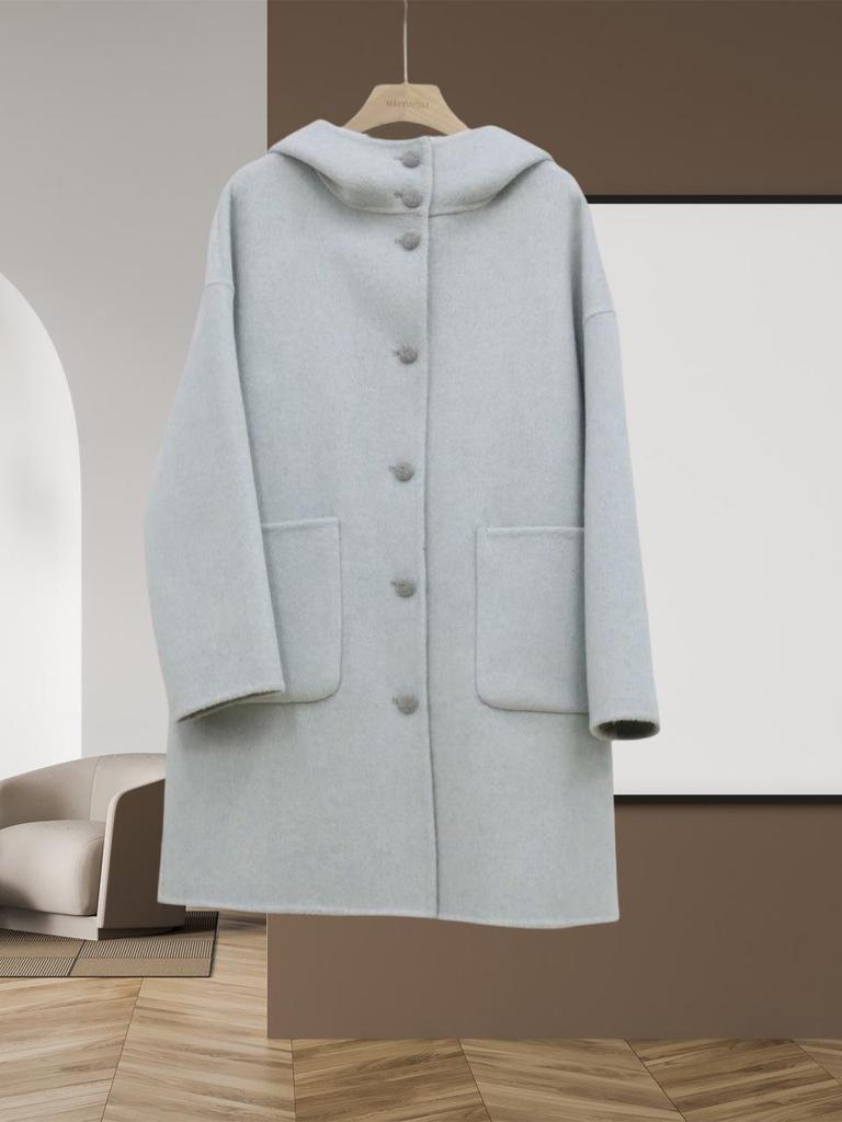 Reversible Korean Style Hooded Long Wool Coat, Light Colors, Thick Double-Faced Wool, Loose Fit, Slimming, High-End Outerwear.