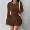 Elegang Long Sleeve Slim Fit A-line Layer Ruffled Dress New Solid Color Sexy Casual Party Evening Dresses Female Fashion Spring Summer Clothing