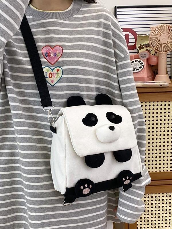 Canvas Panda Rucksack für Mädchen mit Stickerei Kompakte Studenten-Reise-Geldbörse