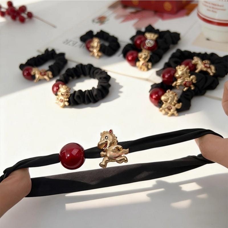2Pcs Cute New Year Hair Rope 2026 Horse Year Rubberband Zodiac Golden Pony Knitted Hair Tie Horse Year Hair Ring Girls Gift