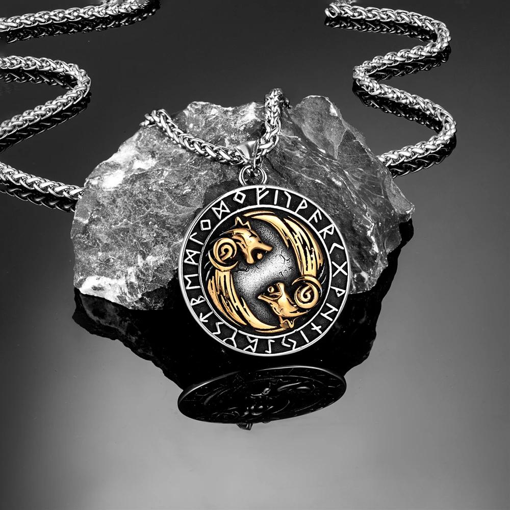 Vikings Odin Wolf Necklace Mens Stainless Steel Norse Runes Celtic Wolf Pendant Vegvisir Amulet Never Fade Scandinavian Jewelry 60cm