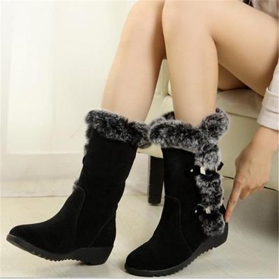 New Winter Women Boots Casual Warm Fur Mid-Calf Boots Shoes Women Slip-On Round Toe Wedges Snow Boots Shoes Plus Size 42