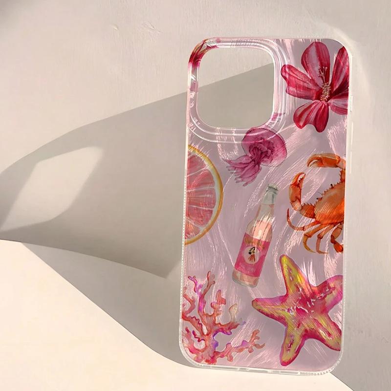 Phone Case For iPhone 13 12 11 16 15 14 Pro Max 16E XS X XR 7 8 Plus SE2 Cute Pink Heart Starfish Coral Jellyfish Pattern Cover