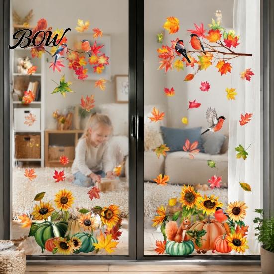 Seasonal Store Window Decorations Autumn Harvest Decals, Sunflower Maple Leaf Pumpkin Bird Static Cling Stickers, No Glue Glass Decals Reusable