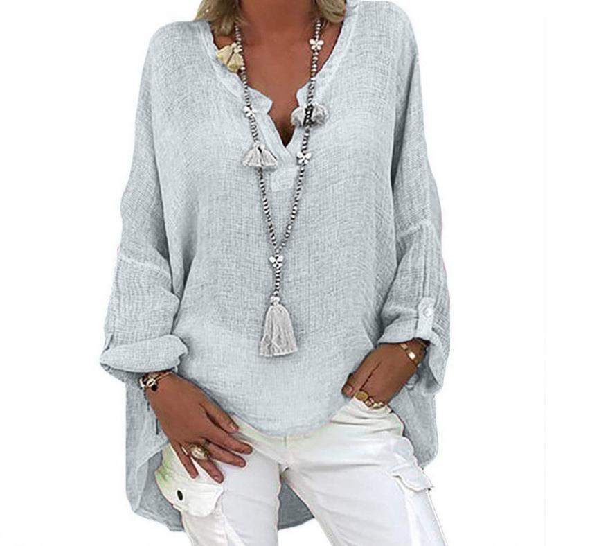 

Женская рубашка с V-образным вырезом, длинным рукавом, средней длины, повседневные топы, однотонная свободная футболка из хлопка и льна, повседневная одежда 5XL светло-серый