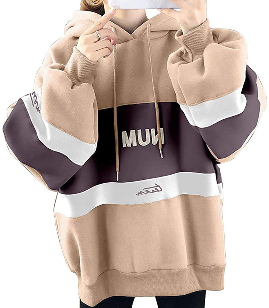 TASOGARA Hooded English Letter Women's Sweatshirt, Pullover, Fleece-Lined, Two-Tone, Print, Autumn/Winter (M, Coffee)