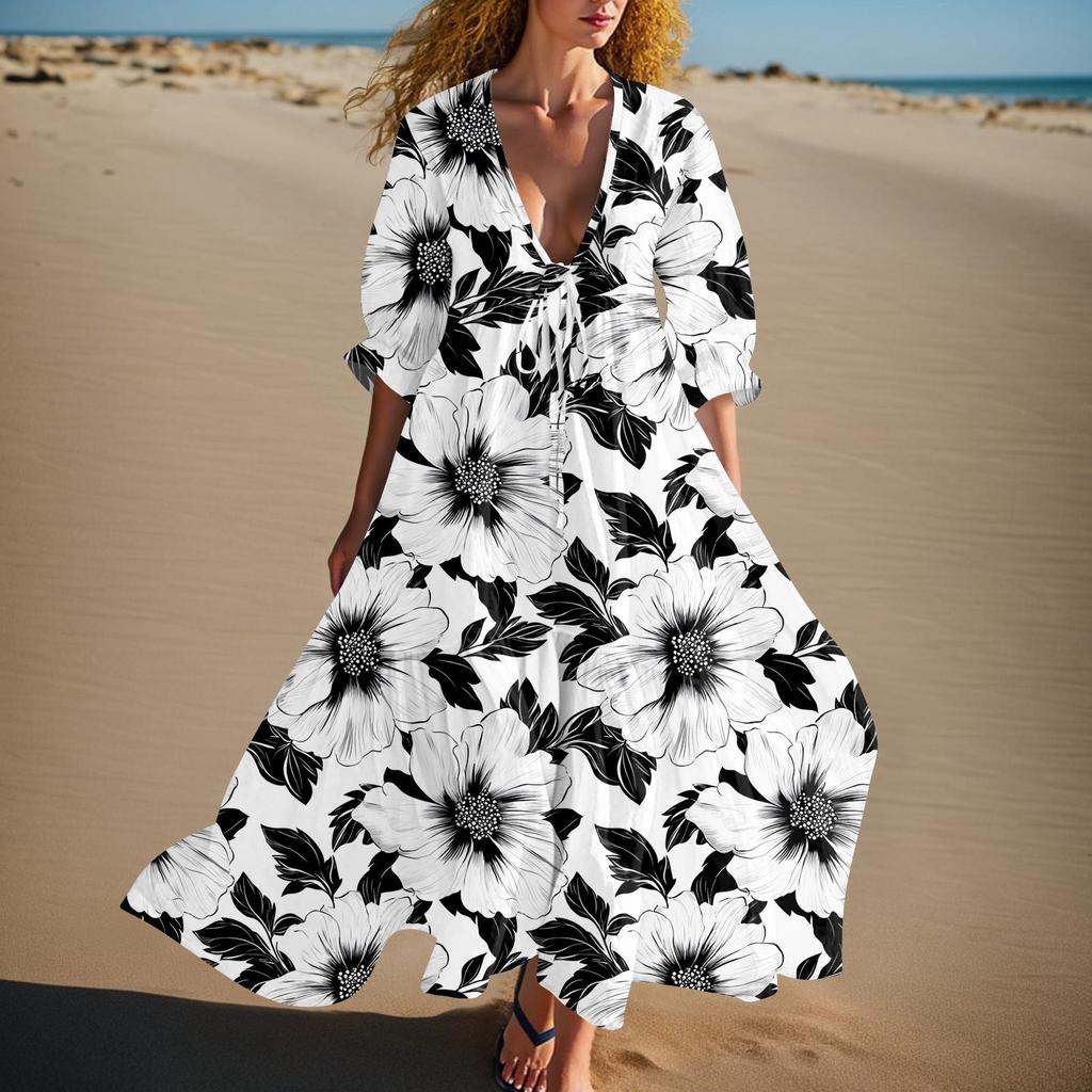 Women's Summer Fashion V-neck Retro Floral Print Short Sleeved Beach Dress With Lace Patchwork Dress