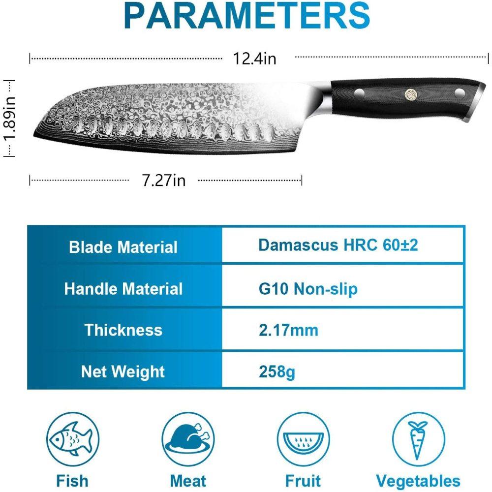 Damaškové kuchyňské nože Santoku Knife 7" Japonský VG10 Super Steel 67 Layer High Carbon Nerez ocel G10 Rukojeť Sekáček na maso