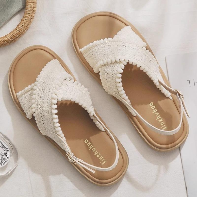Fashion French Flat-Soled Sandals Women 2025 Summer New Fashion One-Word Buckle Casual Womens Shoes Flat-Soled Comfortable Roman Sandals