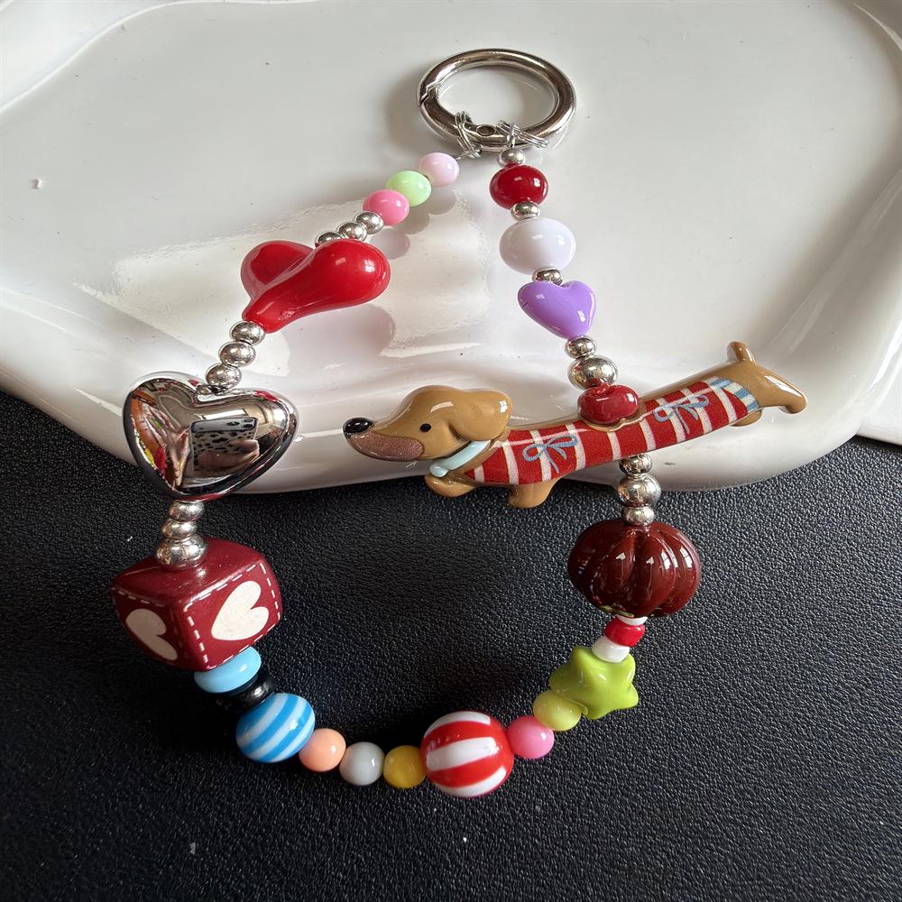 Adorable Red Striped Dog Phone Lanyard with Beaded Cheese Flower Charm