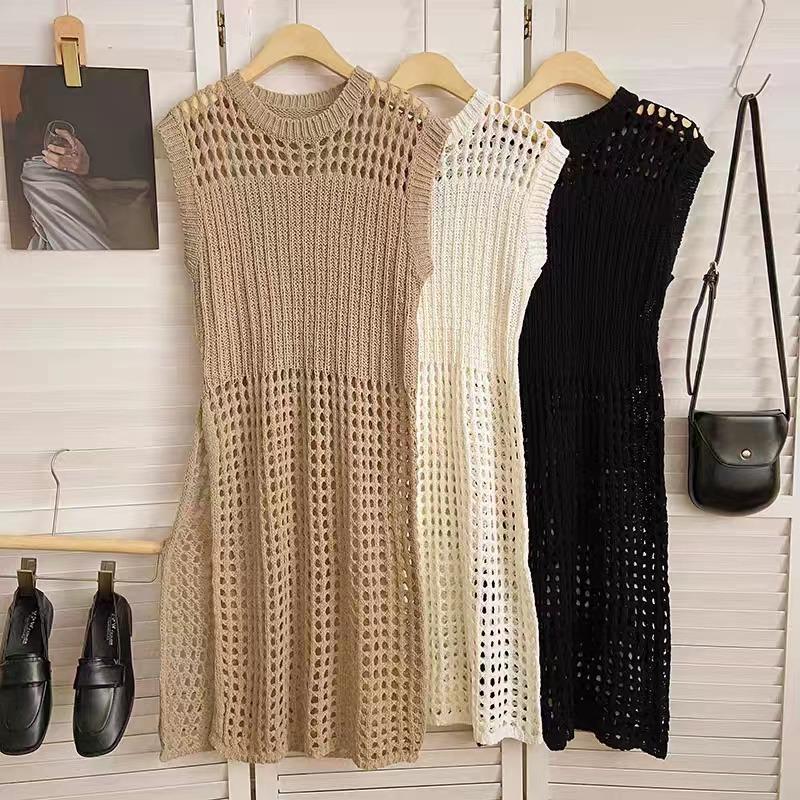 Summer Sleeveless O Neck Hollow Out Knitted Mesh Short Dress Women Fashion Loose Casual Holiday High Split Sexy Party Dresses Solid Thin Covers Up