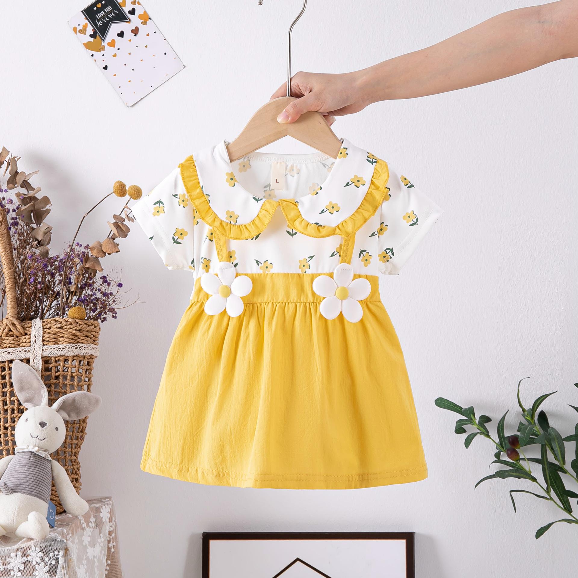 Летнее платье принцессы в корейском стиле для маленьких девочек - Хлопковый принт, короткий рукав Size 90 for 70cm height жёлтый
