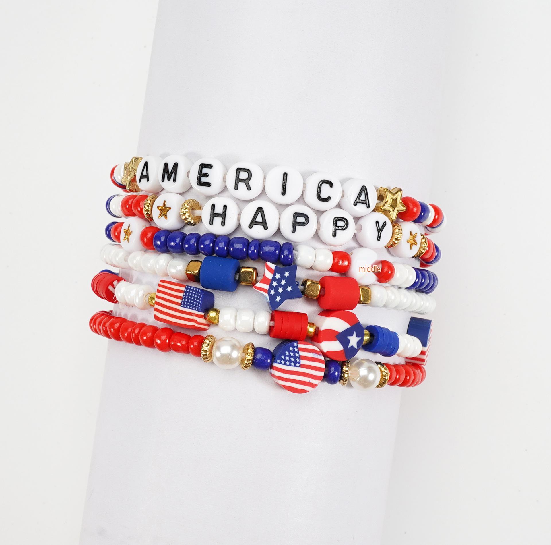 American Flag Beaded Bracelet: Red, White & Blue Multi-layer Elastic Polymer Clay for Independence Day