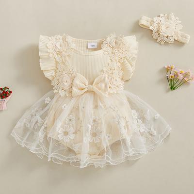 Baby Girls Romper Plain Floral Lace Embroidery Skirt Layered Ruffle Sleeveless Snap Bottom Jumpsuit